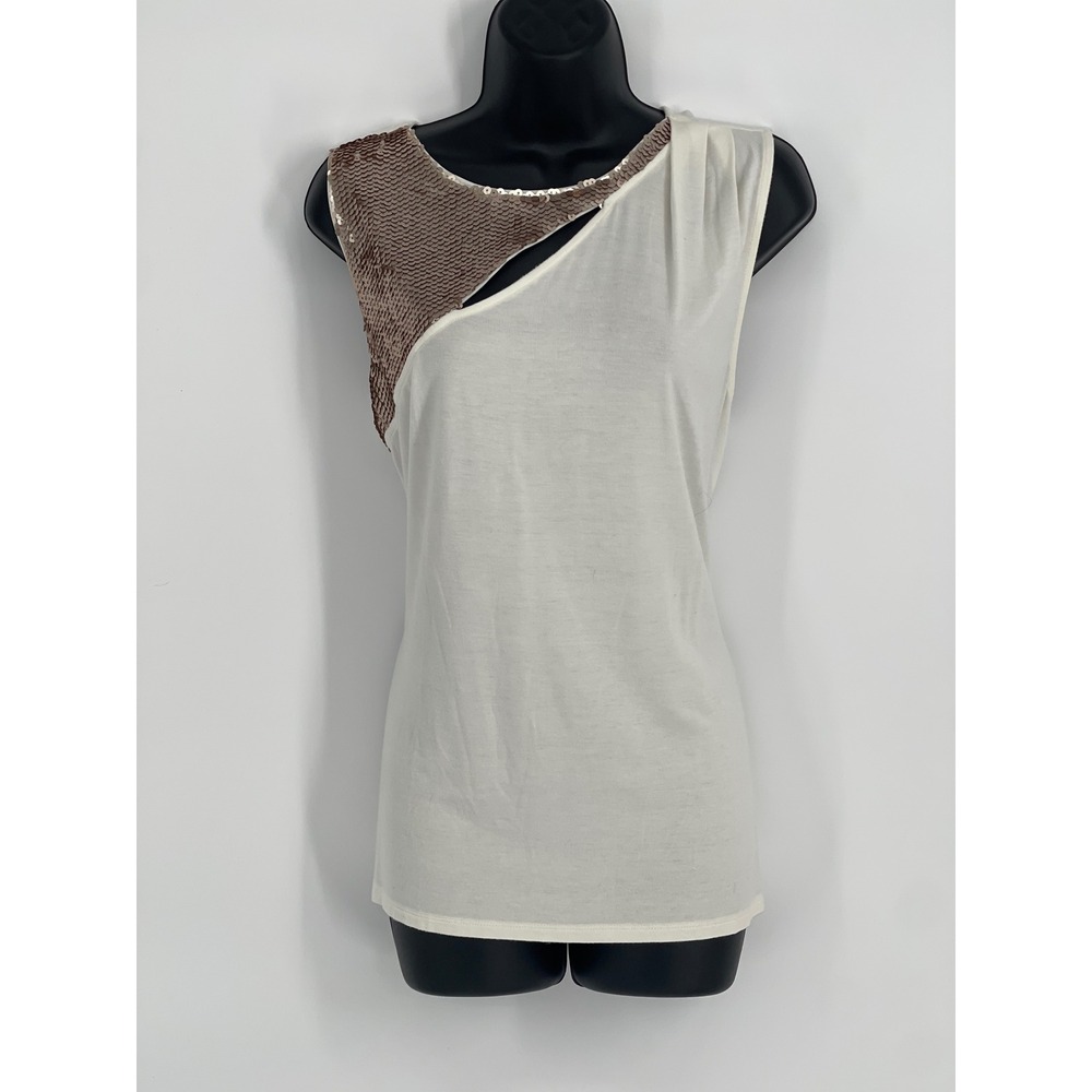 Jennifer Lopez Sequin Cutout Tank Top Cream Bronze Sleeveless Blouse Large